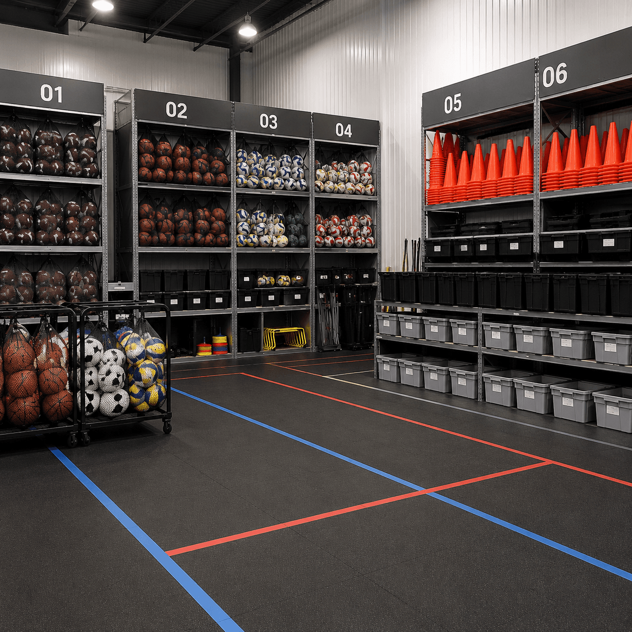 Numbered warehouse shelving stacked with sorted sports equipment: ball bags, cones and labelled crates on a striped rubber floor